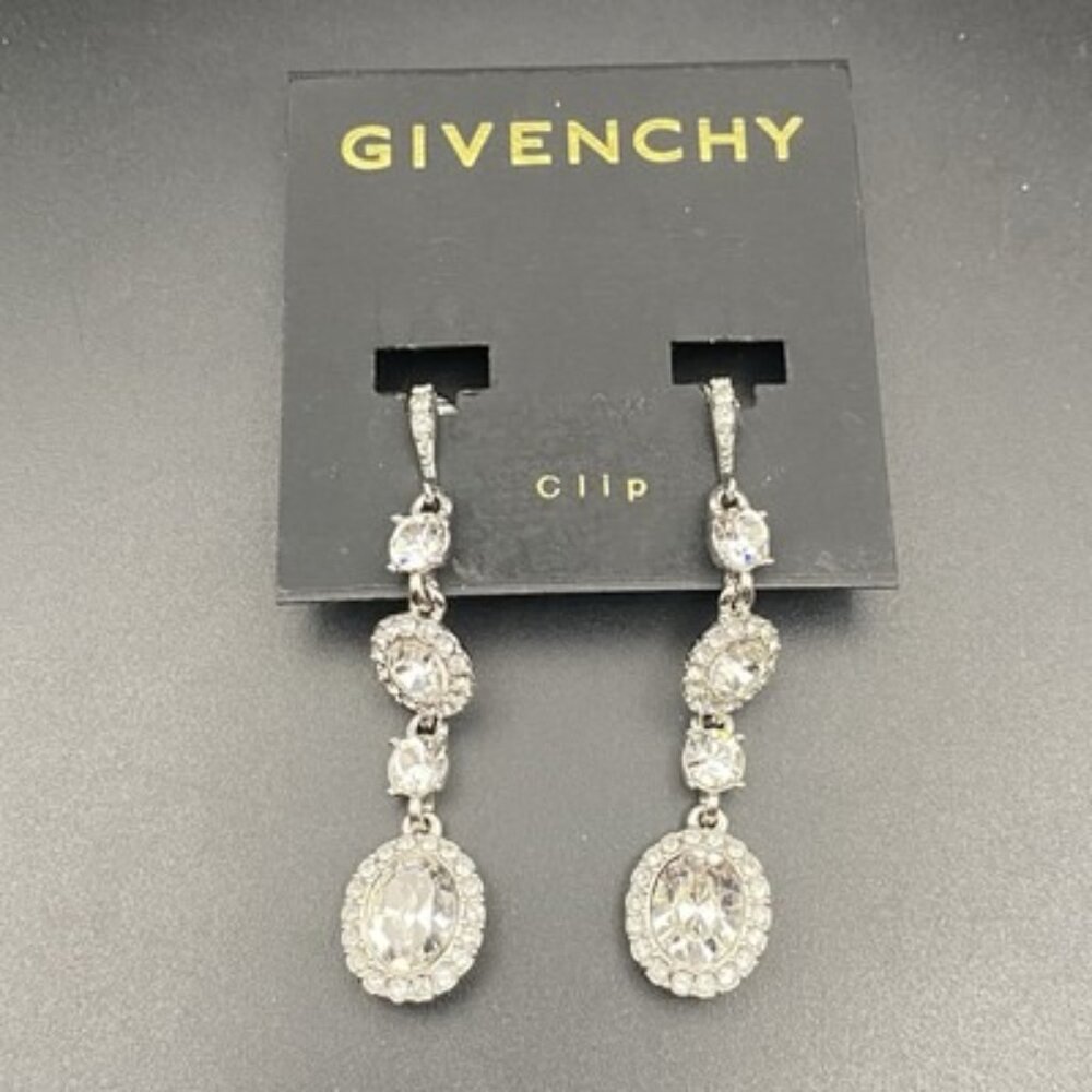 NWT Givenchy Clip Earrings Crystal Halo Set 2.5" Drop Silver Tone Bridal Pageant - Picture 2 of 7